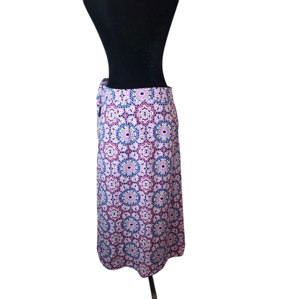 LOFT Linen Blend Wrap Midi Skirt Women 8 Boho Geometric Tie Waist Pink Blue - Picture 5 of 11